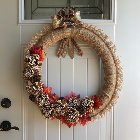 Fall Wreath RosesLeaves on Burlap Loop - Picture 1 of 8